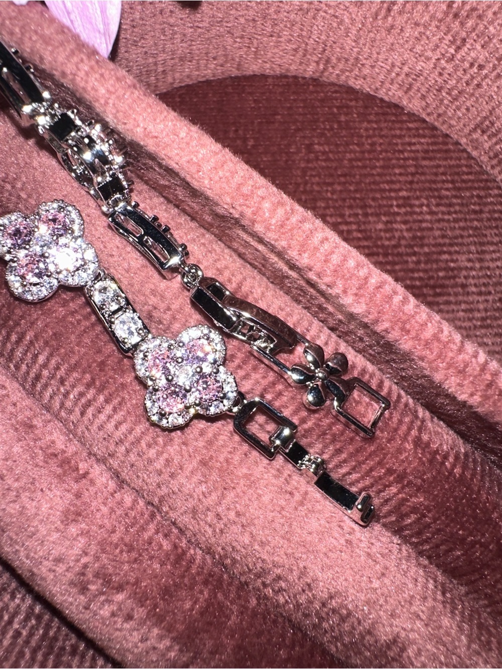 Sparkling Pink Clover Crystal Floral Tennis Bracelet - Picture 5 of 6